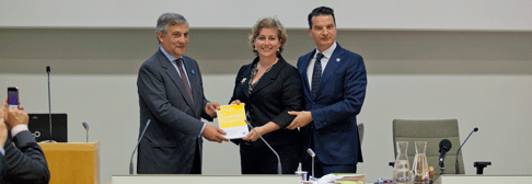 European Design Innovation Initiative (EDII) Press Conference. Vice president of the EU Commission Mr. Antonio Trajani receives the report "Design for Growth" from from Mrs Deborah Dawton (president, BEDA) and Mr Thierry Wasser (perfumer, Guerlain) Photo: